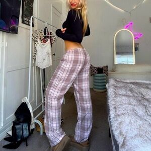 pj salvage women's plaid pajama pants pink & brown wide leg drawstring waist